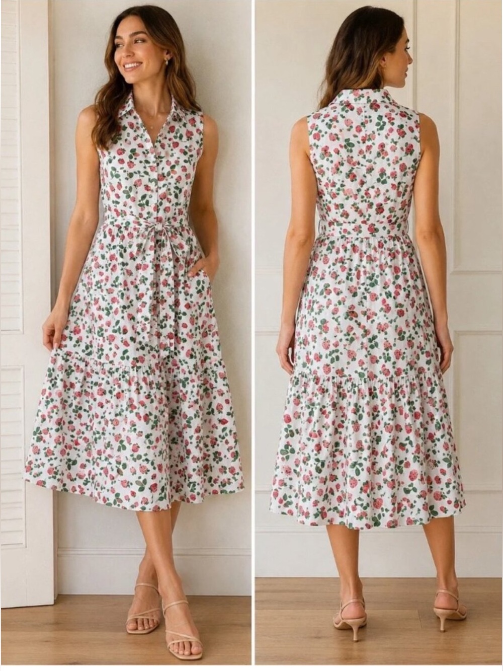 J Crew strawberry print sleeveless midi dress 4 collared button front tiered